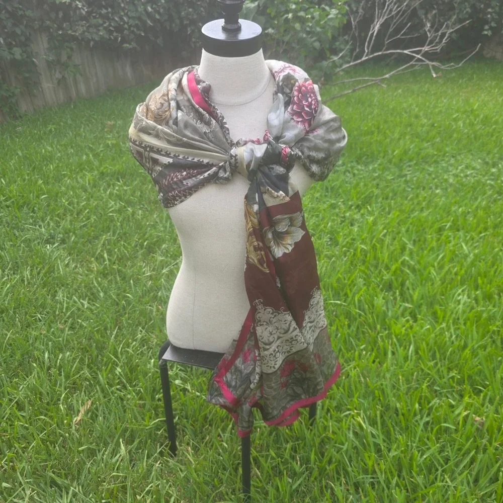 Floral Baroque Print Scarf Olive Burgundy Gold Lightweight Wrap Shawl